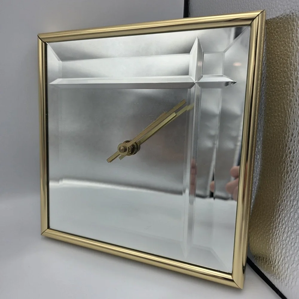 Vtg Postmodern MCM Hanging Wall Clock Mirror Battery Operated  Gold Brass